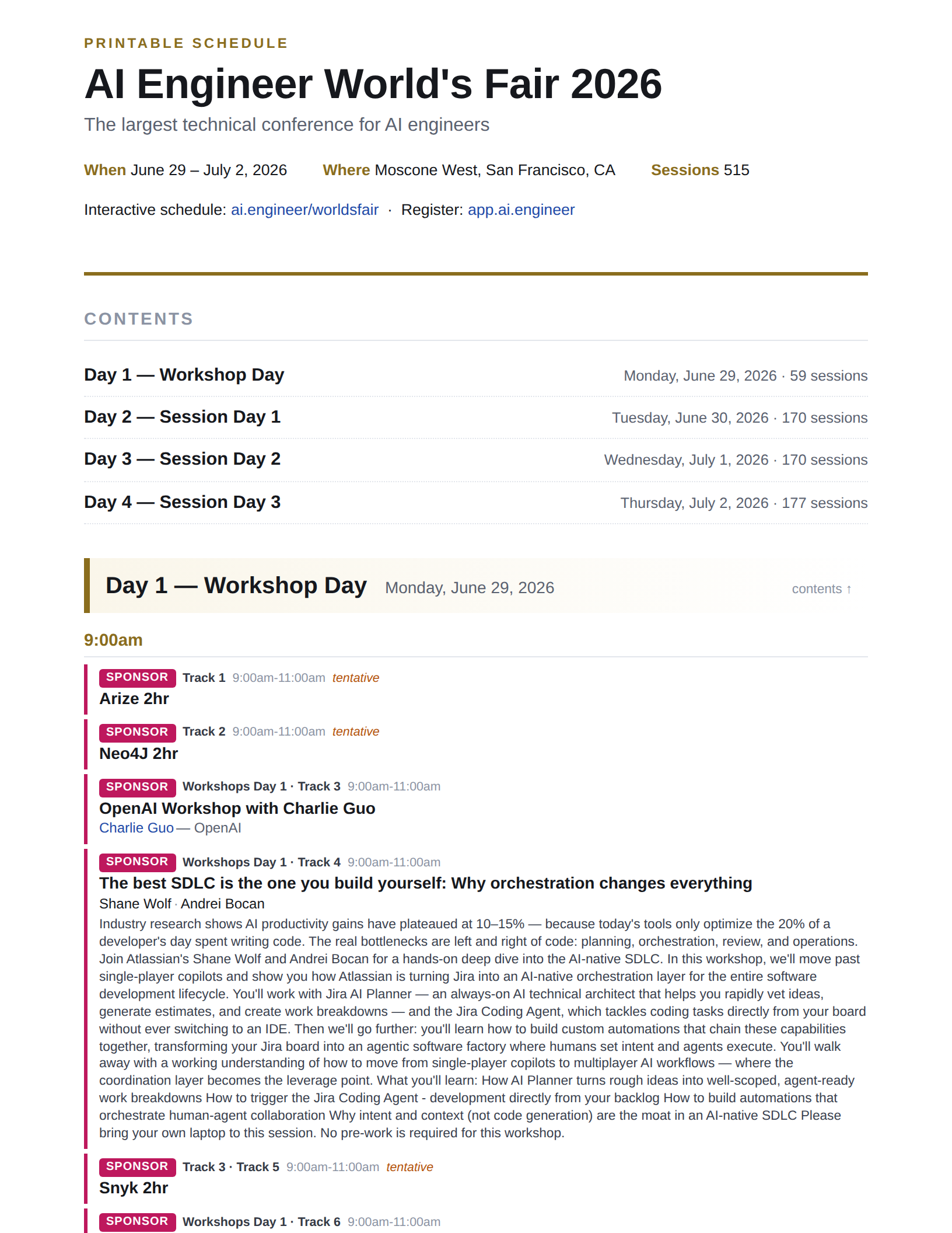 Preview of the printable AI Engineer World's Fair 2026 schedule PDF — white background, day-by-day session listing with hyperlinked talks